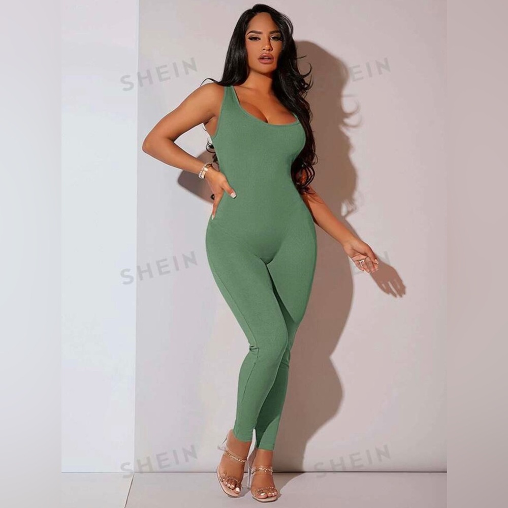 SHEIN SXY Solid Ribbed Knit Unitard Jumpsuit